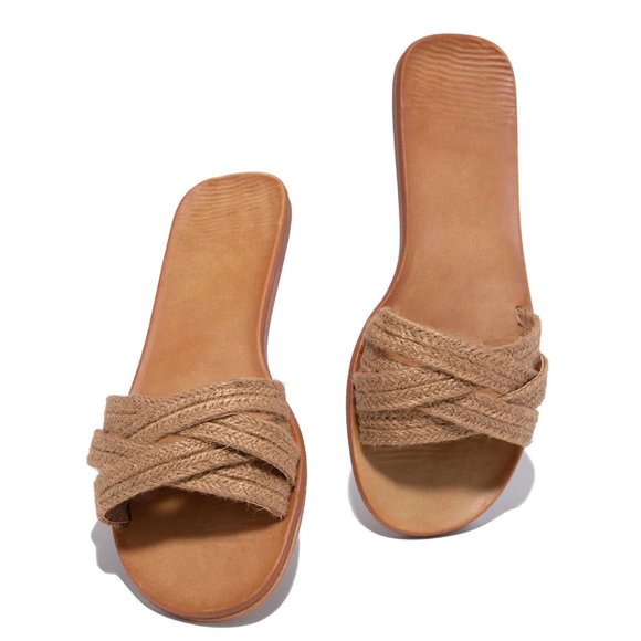 NEW🔥 Tan Strappy Raffia Woven Open Toe Flat Slide Sandal Flip Flops - Picture 4 of 5